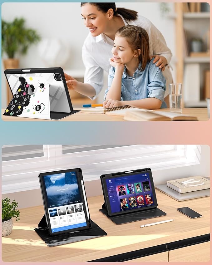 Uppuppy for iPad Pro 12.9 Case Folio Cover with Pencil Holder Women Girls Cute Girly Teens Kawaii Stars Pretty Cartoon Aesthetic Rotating Stand for iPad Pro 12.9 Inch Cases 2022/2021/2020/2018