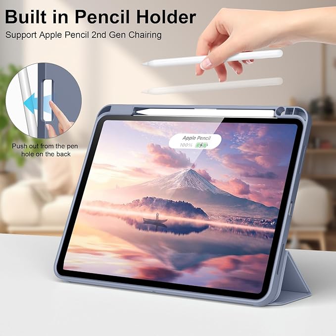 Case for iPad Pro 12.9 Inch Case 6th/5th/4th/3rd Generation with Pencil Holder, Smart Stand Cover with Soft TPU Back for iPad 12.9 Pro Case (2022/2021/2020/2018), Auto Sleep/Wake, Purple Gray