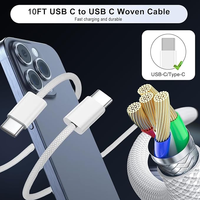 iPhone 17/16/15 Fast Charger,2-Pack USB C 2in1 Dual PD Charging Block with 10FT Long Type C to C Woven Charger Cable for Apple iPhone 17e/17 Pro Max/17 Pro/Air/iPhone 16 Pro Max/16e/15 Pro/15 Plus