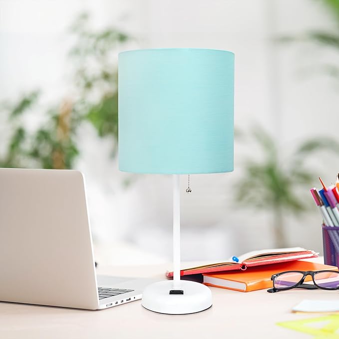 Simple Designs LT1144-AOW Sleek and Slender White Table Lamp with Charging Outlet, for Bedroom, Living Room, Entryway, Office, Dining Room, Study, Aqua Shade