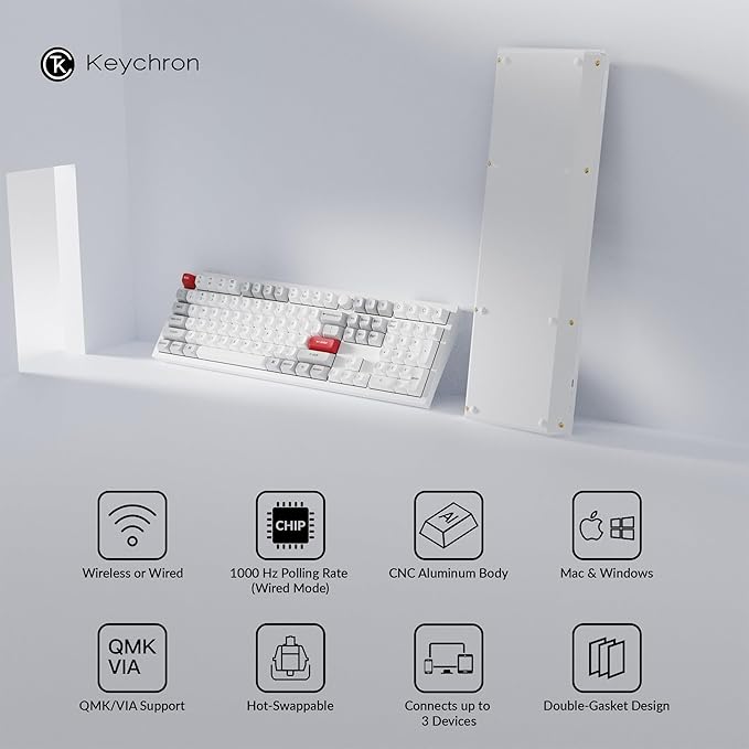 Keychron Q6 Pro Full-Size Bluetooth Custom Mechanical Keyboard, Full Metal QMK/VIA Programmable Knob KSA Double-Shot PBT Keycaps Hot-Swappable Banana Switch, Mac Windows Linux-White