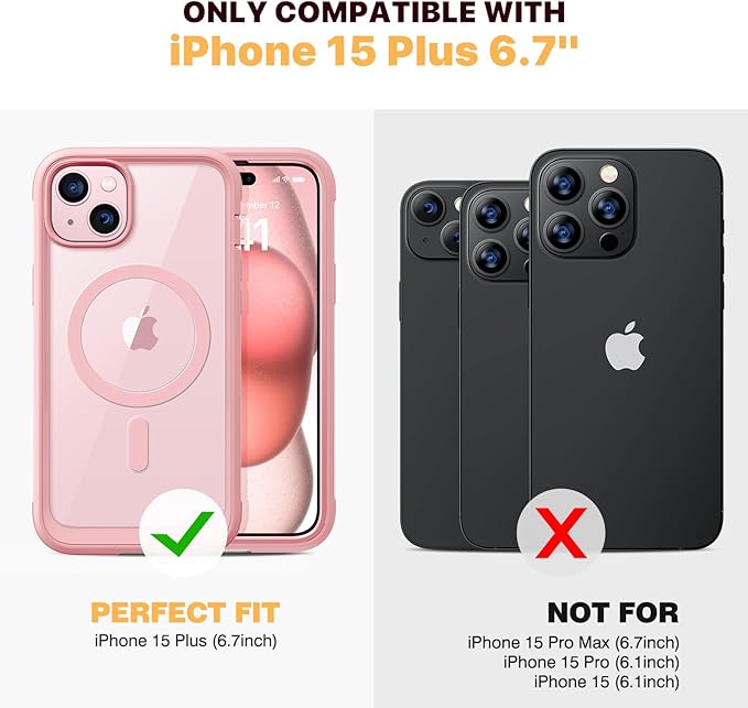 Diaclara Designed for iPhone 15 Plus Case 6.7'', [Compatible with MagSafe] Full Body Rugged Magnetic Case w/Built-in Sensitive Anti-Scratch Screen Protector+Glass Camera Lens Protector,Coral Pink