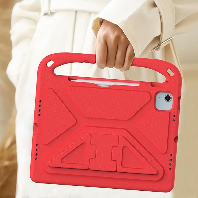 Kids Case for iPad Air 11 inch M4/M3/M2 (2026/2025/2024) & iPad Pro 11 inch M5/M4 (2025/2024) with Pencil Holder/Handle/Kickstand Lightweight Shockproof Cute Soft EVA Foam Stand Cover, Red