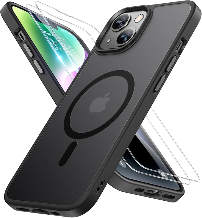 Miracase Magnetic for iPhone 14 Case 6.1 inch (Compatible with MagSafe)（with 2X Screen Protectors） Military-Grade Protection, Anti-Fingerprint Translucent Matte Phone Case Cover, Black
