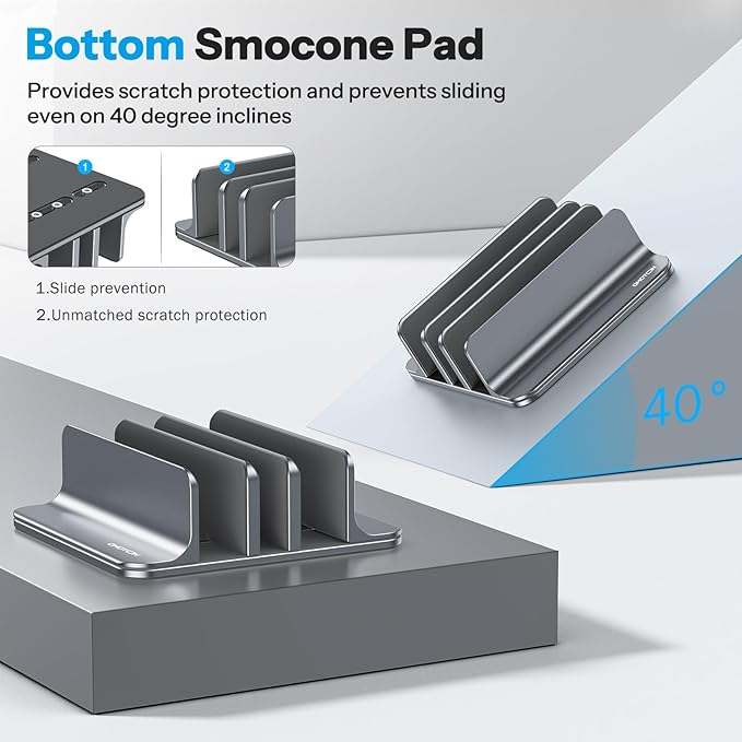 OMOTON Vertical Laptop Stand [Updated 3-Slots Version], Desktop Aluminum Mac Book Stand with Adjustable Dock Size, Fits All Mac Book, Surface, Chrome Book and Gaming Laptops (Up to 17.3 inch), Grey