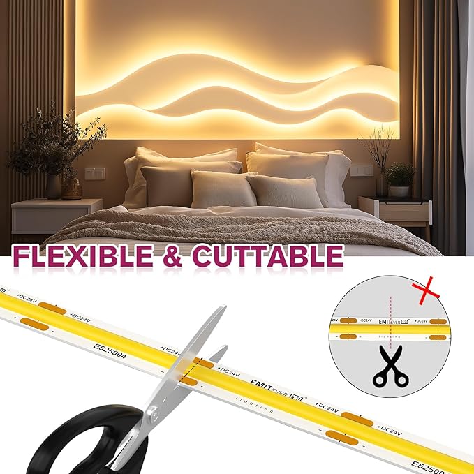 EMITEVER COB LED Strip Lights Warm White, 3000K Tape Light Premium High Density, DC 24V, 360+Lumens/ft, 2560LEDs/Spool, Ra 90+, 16.4ft/5m, UL Listed 5 Year After-Service (power supply sold separately)