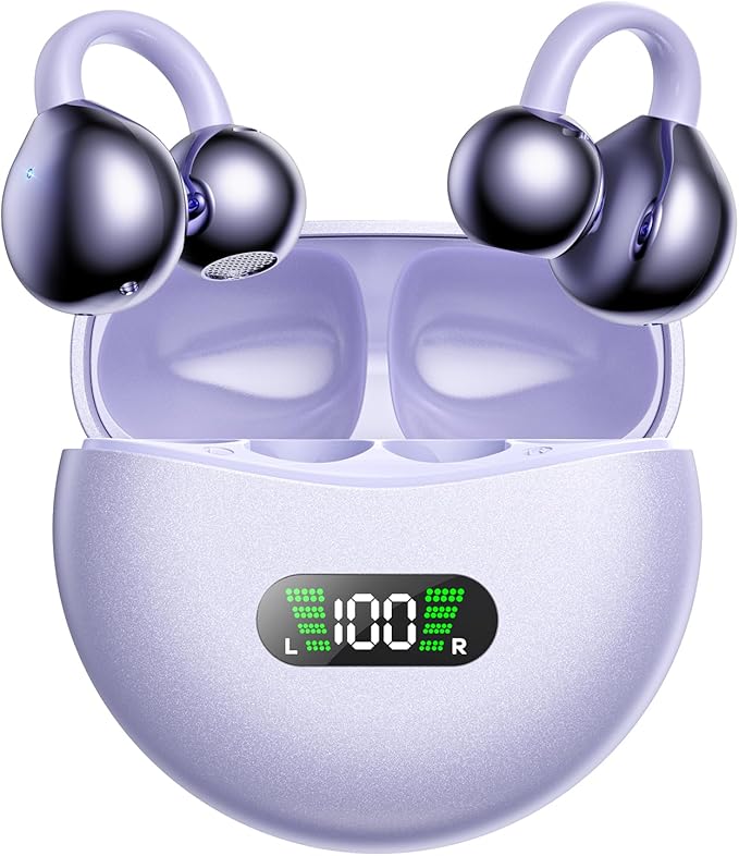 Wireless Earbuds Open Ear Clip On Headphones with LED Digital Display Charging Case Touch Control Bluetooth 5.4 Air Conduction Sport Earphones for Running Fitness, Medium Purple