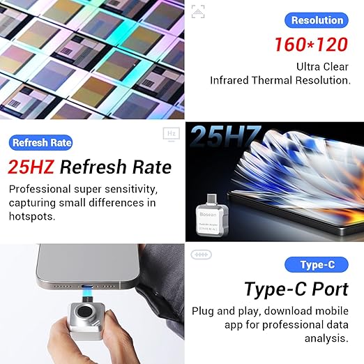 Thermal Imaging Camera for Android Smartphones, 160 x 120 IR High Resolution, Portable Thermal Imager with Type-C Port, Infrared Test Report, -4°F~1022°F Temperature Range