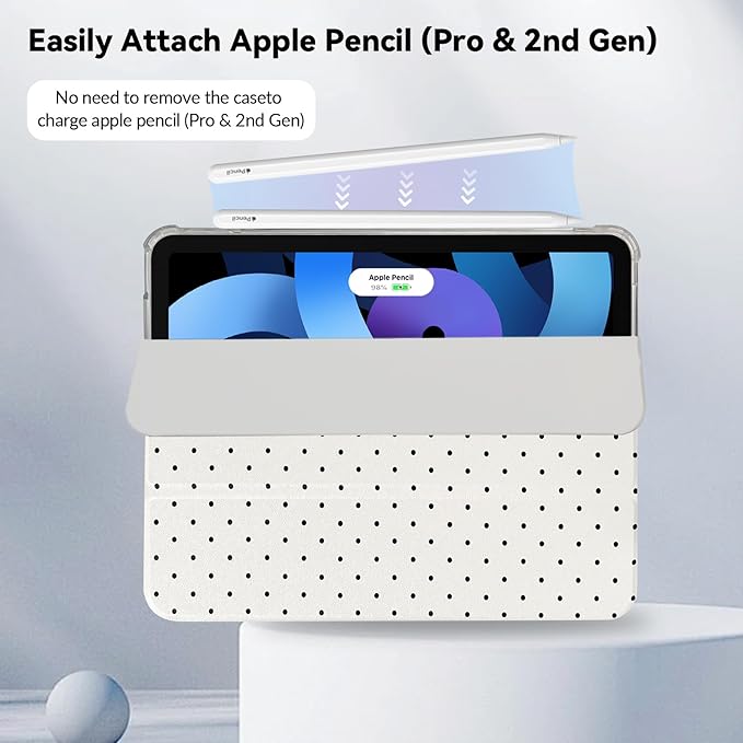 Lovmooful Compatible for iPad Air 6th 11-inch M2 (2024),iPad Air 5/4 (2022/2020 5th/4th Generation 10.9-Inch) Case with Pencil Holder Cute Polka Dot Design Soft TPU Trifold Stand Protective-White