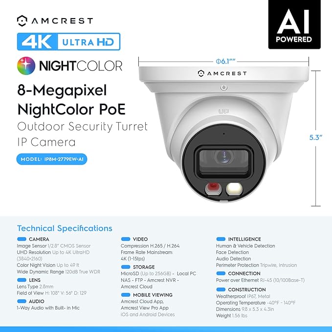 Amcrest UltraHD 4K (8MP) IP PoE AI Camera, 49ft Nightcolor, Security Outdoor Turret Camera, Built-in Microphone, Human Detection, Active Deterrent, 129° FOV, 4K@15fps IP8M-2779EW-AI (White)