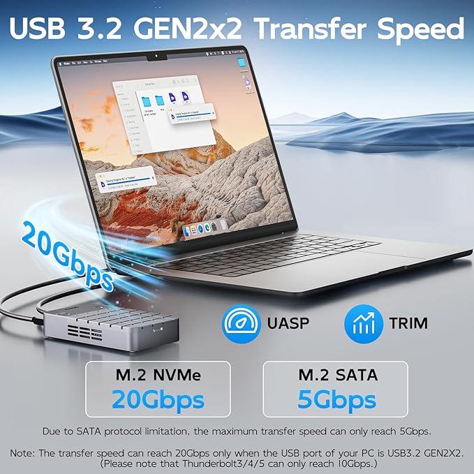 MAIWO Dual Bay RAID Enclosure for M.2 NVMe SATA SSD with Clone RAID 0 RAID 1, USB C 3.2 GEN2x2 20Gbps, M.2 SSD Cloner Duplicator with Cooling Fan, Dual Data Cables, 5V 3A Power Adapter, Aluminum