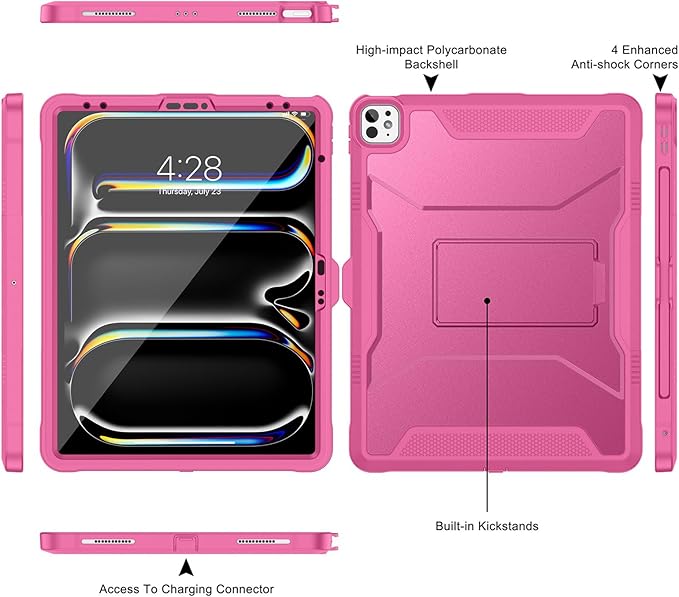Soke Case for iPad Pro 13 Inch M5/M4 & iPad Air 13 Inch M4/M3/M2(2026/2025/2024), iPad Pro 12.9(2022 2021 2020,6th/5th/4th Gen), Rugged Shockproof Protective Cover - Hot Pink