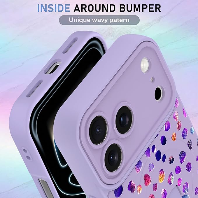 KANGHAR Compatible with iPhone 17 Pro Case, Support for MagSafe, Silicone Cute Iridescent Pattern Leopard Print Cheetah, Wristband Kickstand Shockproof Soft Slim Cover for Girls Women, Purple