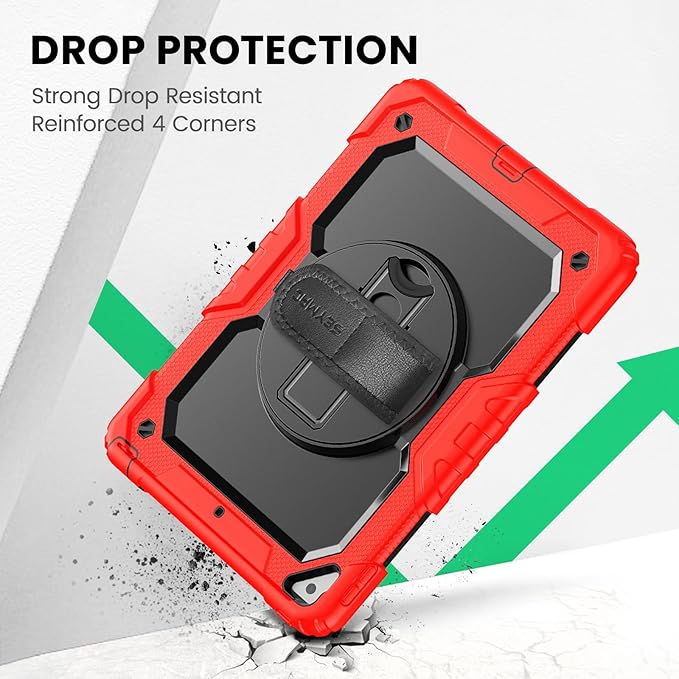 SEYMAC for iPad Air 3/ Pro 10.5 inch Case, Heavy Duty Full-Body Shockproof Protective Case with Screen Protector, 360° Rotating Stand, Hand/Shoulder Strap for iPad Air 3rd Gen, Red