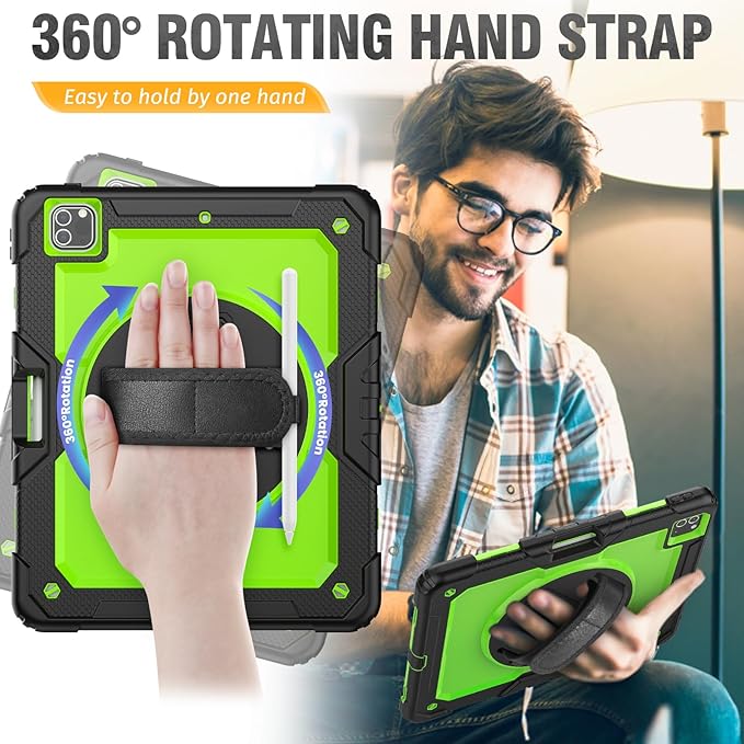 HXCASEAC Case for iPad Pro 12.9 Case (6th 5th 4th 3rd Generation), Shockproof Design | Pencil Holder | Hand Strap | Screen Protector | Heavy Duty Protective iPad 12.9 inch 2022/2021/2020/2018 - Green