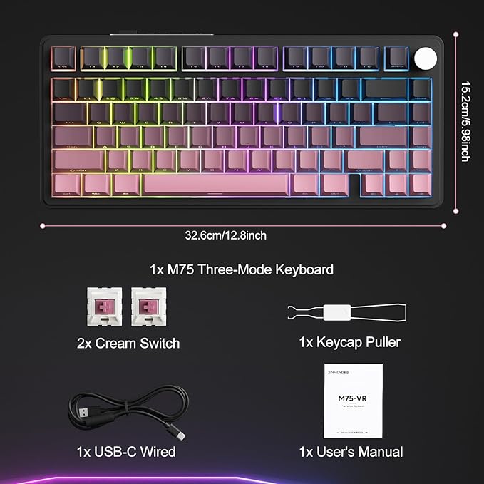 M75 Mechanical Keyboard,75% Gasket Hot Swappable,RGB Backlit,Side Printed PBT Keycaps,2.4Ghz/Bluetooth/USB-C Gaming Keyboards (Black and Pink)