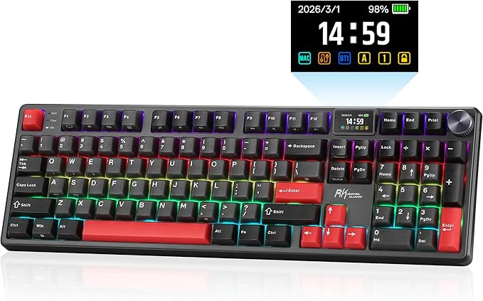 RK ROYAL KLUDGE S104 Wireless Mechanical Keyboard w/Screen & Knob, Full Size Gaming Keyboard with 8000mAh Battery, RGB Backlit Hot Swappable Pre-lubed Switches, Creamy Sounding Computer Keyboards