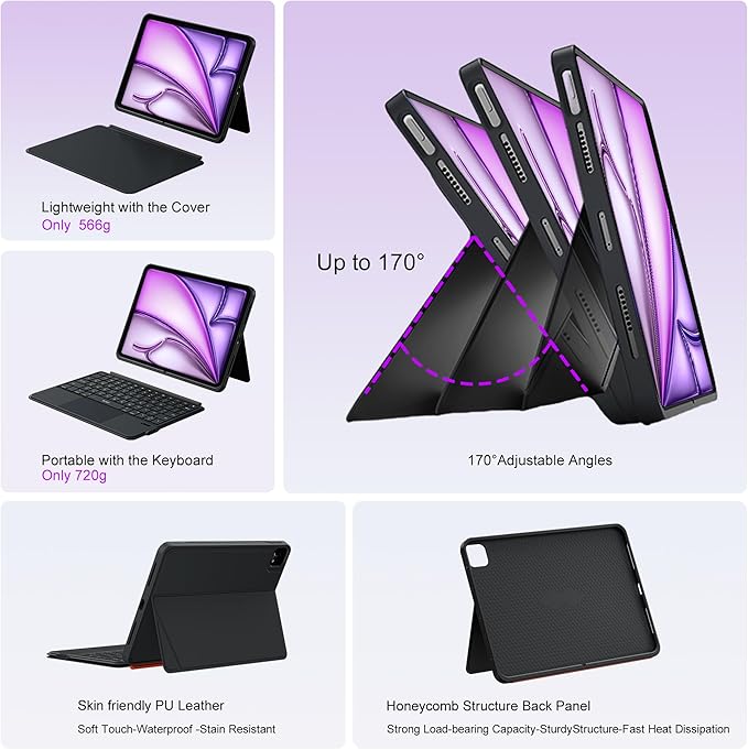 WIWU for iPad Case Keyboard for Air 13 Inch M4/M3/M2 2026/2025/2024 Magnetic Detachable Keyboard Case Adjustable Stand 7 Colours Backlit Keys Trackpad (Black, for Air 13"(M3/M2) Pro 12.9" 6/5/4/3)