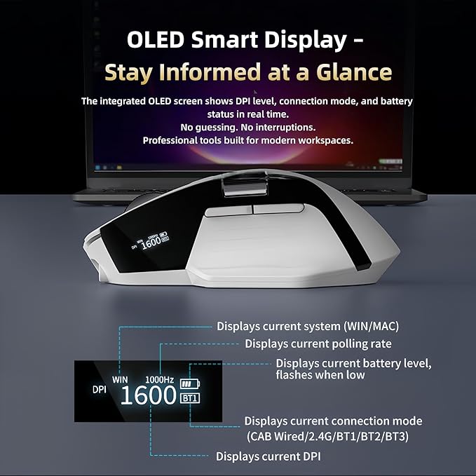 Ergonomic Wireless Mouse with Infinite Scroll & Side Scroll Wheel, Bluetooth & 2.4G Rechargeable Office Mouse, 5-Device Multi-Connection, OLED Display, PixArt 3220 Sensor for Laptop PC Mac(Black)