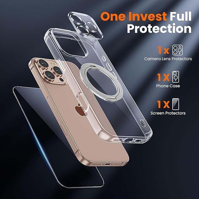 toushion 3 in 1 for iPhone 16 Pro Case Clear with Stand,Not Yellowing,Flexible Stable Stand,Kickstand,fits MagSafe,Military-Grade Protection Phone case for iPhone 16 pro Clear - Ring Holder