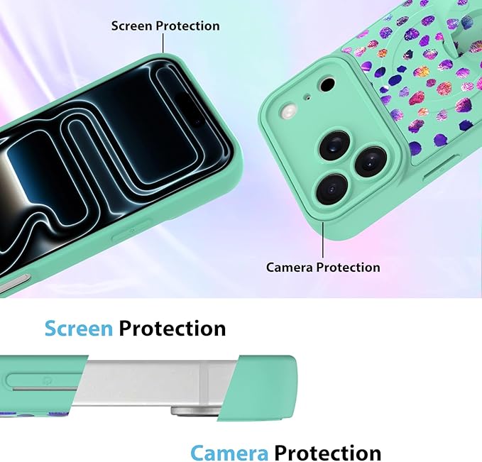 KANGHAR Compatible with iPhone 17 Pro Case, Support for MagSafe, Silicone Cute Iridescent Pattern Leopard Print Cheetah, Wristband Kickstand Shockproof Soft Slim Cover for Girls Women, Green