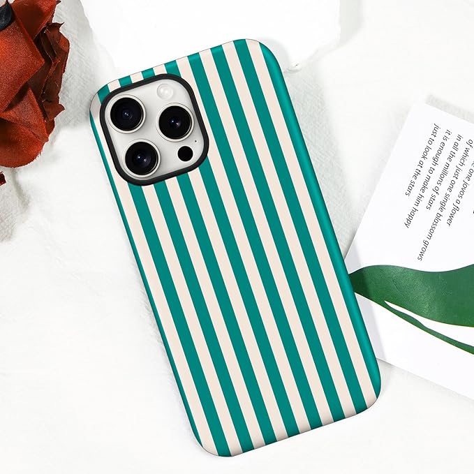 Magnetic for iPhone 15 Case Cute Stripes Phone Case, Shockproof Slim TPU and Hard PC Protective Phone Cover Compatible with MagSafe Designed for Women Girls, Emerald Green