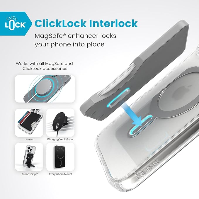 Speck Clear iPhone 16 Pro Max Case MagSafe + ClickLock - Slim Phone Case iPhone 16 Pro Max - iPhone 16 Pro Max Phone Case - Presidio - Clear/Chrome