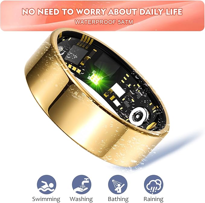 Smart Ring Health Tracker for Women Men, Sleep Tracker with Heart Rate,SPO₂,Blood Pressure, Fitness Ring for Activity Monitoring, No Subscription, Step Tracker Ring for iOS&Android (Gold, #7)