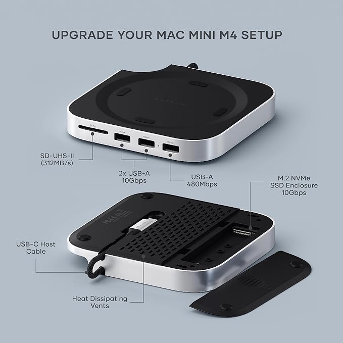 Satechi Mac mini M4 Hub & Stand with NVMe SSD Enclosure, Mac mini M4 Dock with 2xUSB A Up to 10Gbps, USB A Data Port, SD Card Reader, Optimized Self-Cooling - Silver