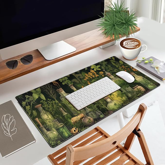 Green Enchanted Apothecary Desk Mat - Large Mouse Pad Mystical Herb Jars with Vines- Gothic Alchemy Bottles & Botanical Curiosities- Witchy Potion Brewer XL Desk Pad Cottagecore Decor 31.5 * 15.7in
