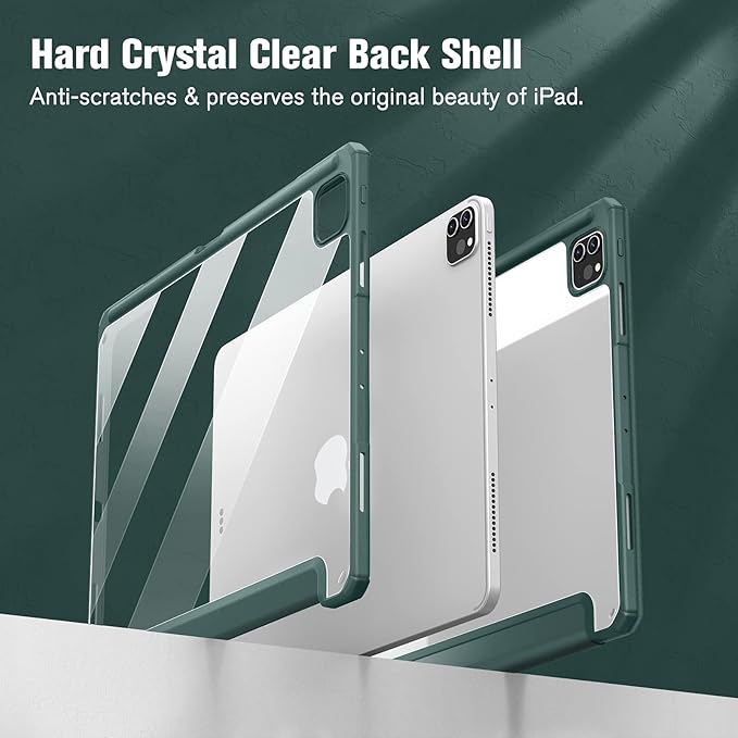 Fintie Hybrid Slim Case for iPad Pro 12.9-inch 6th Generation 2022, [Built-in Pencil Holder] Shockproof Cover w/Clear Transparent Back Shell, Also Fit iPad Pro 12.9" 5th/4th/3rd Gen, Midnight Green
