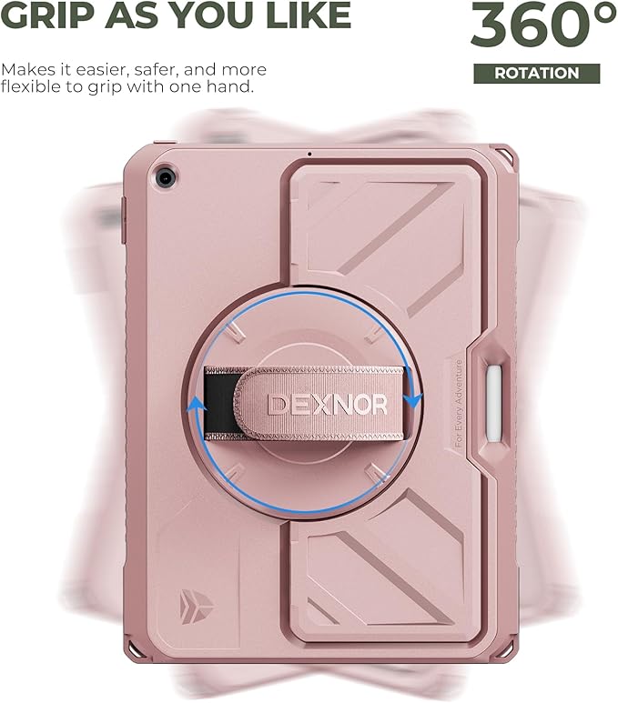 Dexnor Case for iPad 9th/8th/7th Generation 10.2 inch, Rugged Protective Case with 360° Rotating Hand Strap & Large Stand & Screen Protector & Pencil Holder Shockproof Full-Body Bumper Cover, Pink