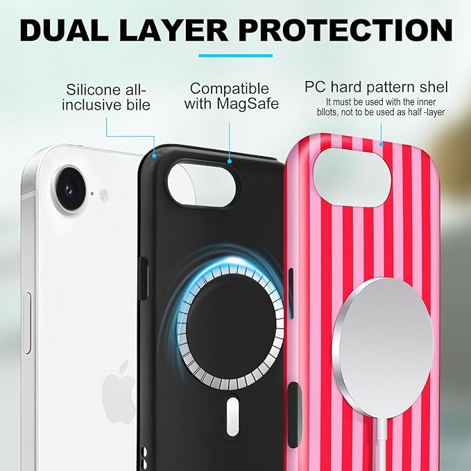 Magnetic for iPhone 17e Case Cute Stripes Phone Case, Shockproof Slim TPU and Hard PC Protective Phone Cover Compatible with MagSafe Designed for Women Girls, Red and Pink