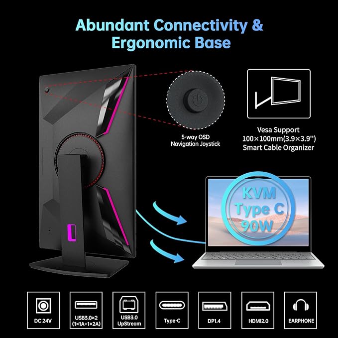 KTC Mini LED Monitor 27 Inch, HDR1000 1440P 165Hz 144Hz Gaming Monitor,Built-in Speakers, Type-C 90W, HDMI/DP/USB,Swivel/Height/Pivot/Tilt Adjustable, VESA, 2K PC Monitor for Gamer & Designer