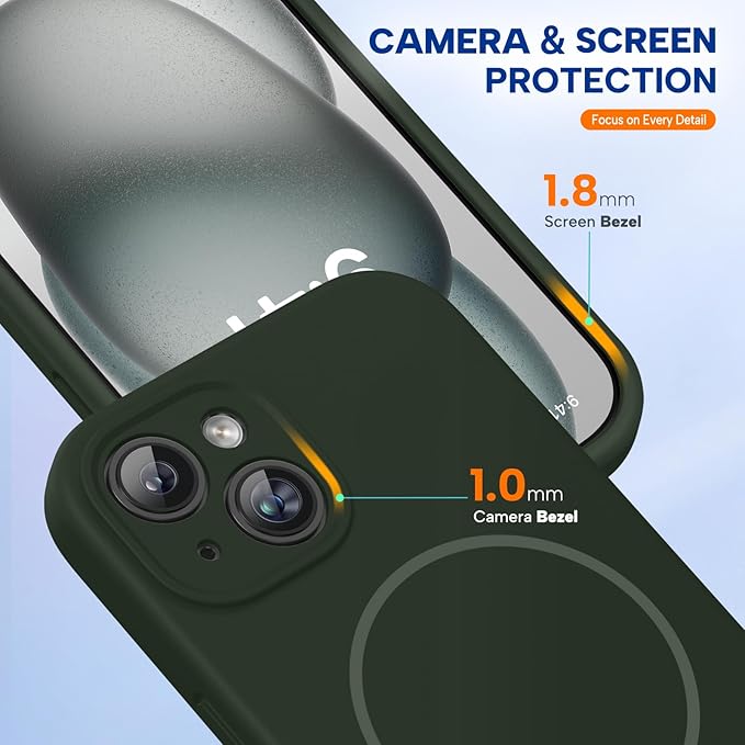Miracase Magnetic for iPhone 15 Plus Case, [Soft Anti-Scratch Microfiber Lining], Magnetic for MagSafe, Liquid Silicone Shockproof Drop Protection Phone Case for 15 Plus, Dark Green