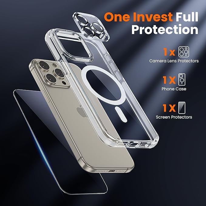 toushion 3 in 1 for iPhone 15 Pro Case Clear with MagSafe, Yellowing-Resistant Acrylic Back, Shockproof Guard Corners, Military-Grade Protection for iPhone 15 Pro Phone Case 6.1 inch Clear Bumper