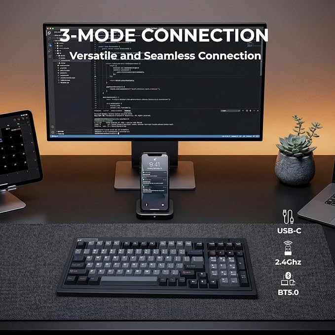 FL·ESPORTS OG98 Retro Mechanical Keyboard Wireless 2.4GHz/Bluetooth 5.0/USB-C, 96% Gasket Mount Hot Swappable Gaming Keyboard, PBT Keycaps, 4000mAh for Mac/PC - Silent Switches | Black