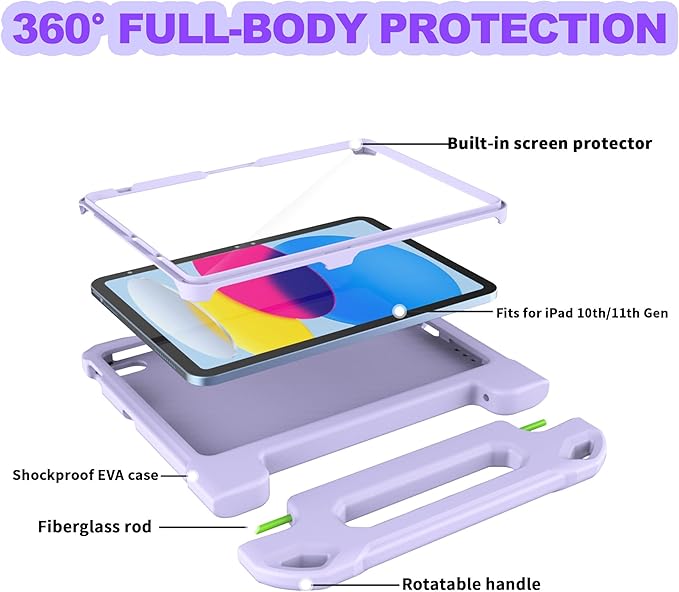 YIHE Kids Case for iPad (A16) 11th Generation 11 Inch 2025 & iPad 10th Generation 10.9 inch 2022, with Built-in Screen Protector and Handle Stand, Full Body Shockproof Protective Cover, Lightpurple
