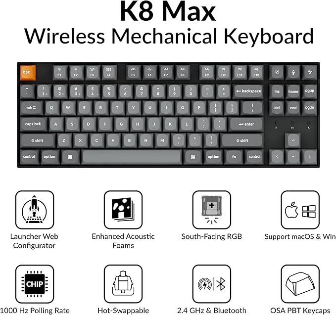 Keychron K8 Max Custom Mechanical Keyboard Wireless, TKL 2.4 GHz/Bluetooth 5.1/Wired QMK Programmable RGB, Hot-Swappable with Keychron Super Brown Switch Compatible with Mac Windows Linux