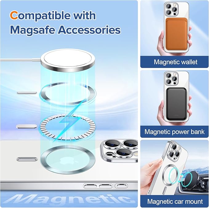 Hython Magnetic Clear for iPhone 15 Pro Case with Camera Lens Protector [Compatible with MagSafe] Luxury Plating Edge Slim Soft TPU Cover Protective Phone Case for iPhone 15 Pro 6.1", Silver