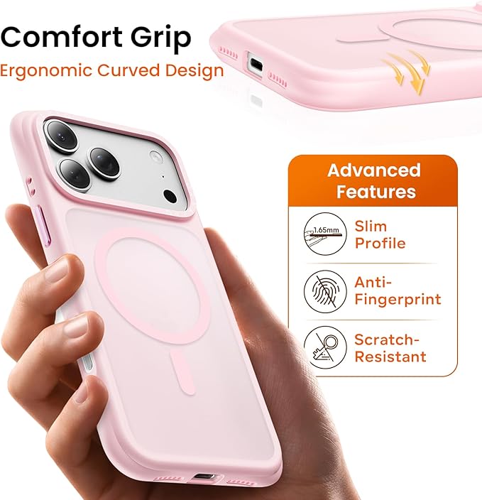 ORNARTO Magnetic for iPhone 17 Pro Max Case, 20FT Military-Grade Drop Protection, Compatible with MagSafe, Slim Shockproof Translucent Matte Phone Case for iPhone 17 Pro Max 6.9", Chalk Pink
