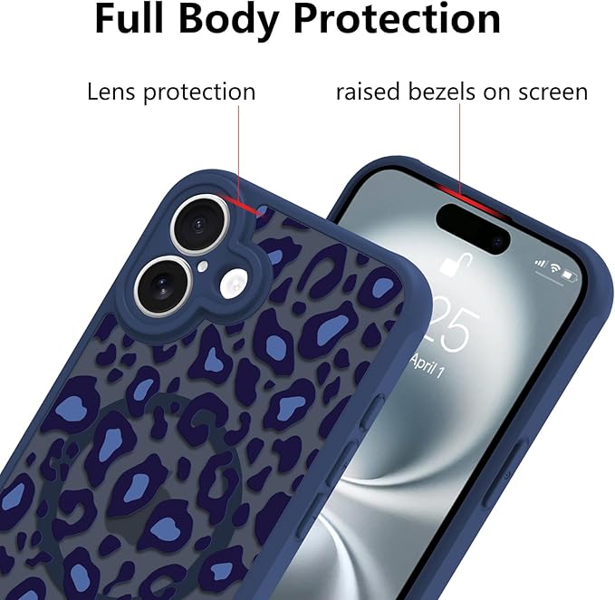 KANGHAR Case for iPhone 16 Blue Leopard Printed Pattern Cute Cheetah [Compatible with Magsafe] Protective Magnetic Case for Girls Women 6.1"
