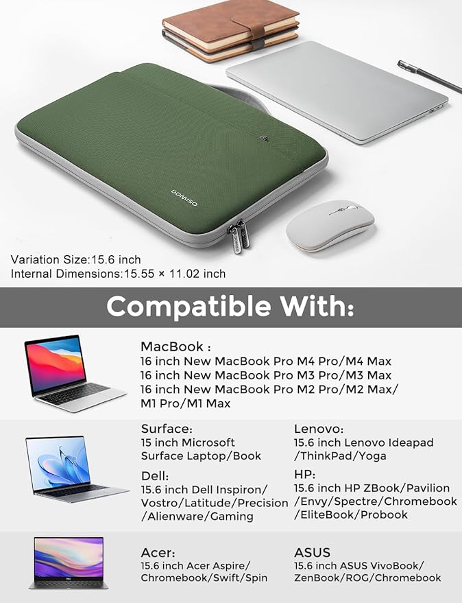DOMISO 15.6 inch Laptop Case Sleeve Protective Cover Compatible with 16 inch MacBook Pro M4 M3 M2/Pro Max,15.6-16 inch HP Dell ASUS Lenovo Chromebook,Waterproof Computer Cases Bag,Avocado Green