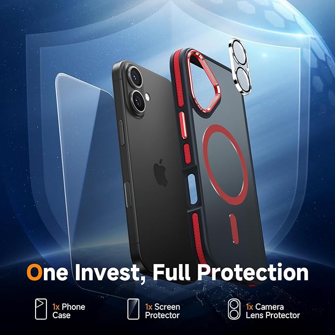 DOMAVER Magnetic 3 in 1 for iPhone 16 Case, [Omni-Directional Protection] with 1x Screen Protector + 1x Camera Cover, [Seamless Work with Magsafe] Protective Silm Case for iPhone 16 Red