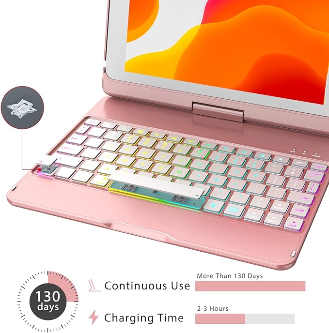MMK for iPad 6th Generation Case with Keyboard | Compatible with iPad 5th Gen (2017) & iPad Air (1st, 2th Gen | 2013, 2014) & iPad Pro 9.7 inch (2016) | 10 Color Backlight & 360 Rotation-Rose Gold