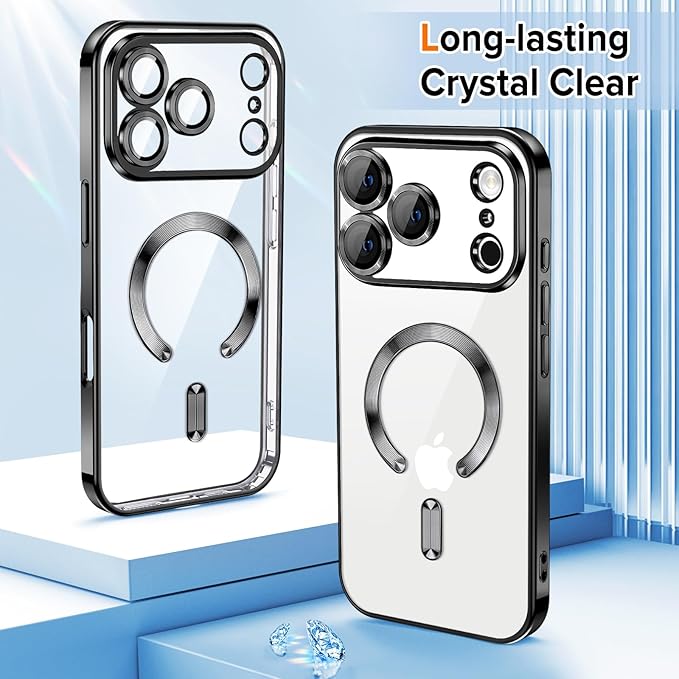 Hython Magnetic Clear for iPhone 17 Pro Case with Camera Lens Protector [Compatible with MagSafe] Luxury Plating Edge Slim Soft TPU Cover Protective Phone Case for iPhone 17 Pro 6.3", Black