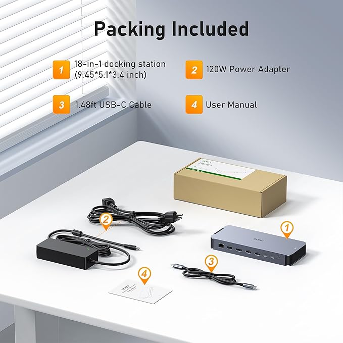 Laptop Docking Station with 120W Power Adapter,18 in 1 USB C Docking Station Dual Monitor,USB C HUB with 2HDMI+DP,10Gbps USB-A/C Ports,Ethernet,SD/TF, Audio,Screen Off Button,USB C Dock for Dell,HP