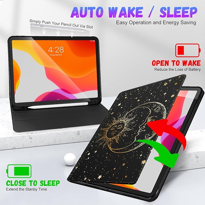 Uppuppy for iPad Pro 12.9 Case, Kids Folio PU Leather Cover with Apple Pencil Holder, Auto Sleep/Wake, Adjustable Angles, for iPad Pro 12.9 6th/5th/4th/3rd Gen, Sun Moon Black