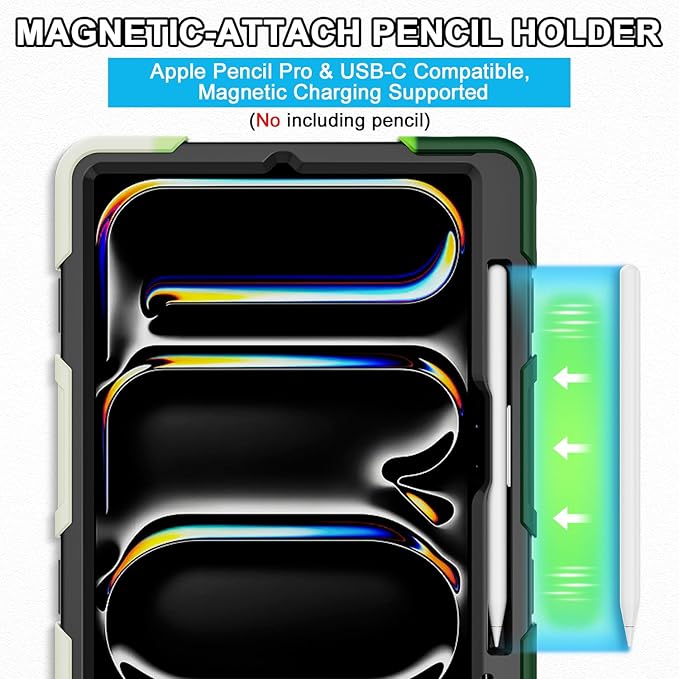 iPad Pro 11 Inch Case M5 2025/M4 2024, Heavy Duty Shockproof Protective Case with Screen Protector, 360° Rotating Stand Hand Strap Shoulder Strap Kids Cover Apple Pencil Holder