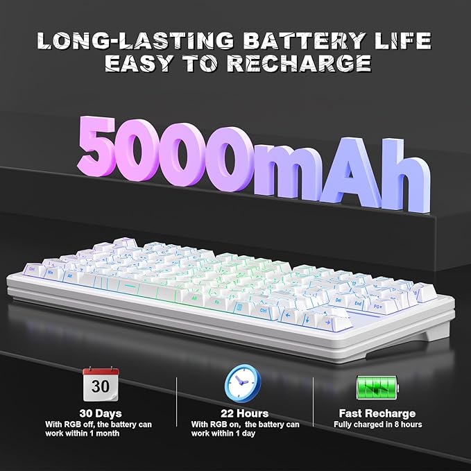 YUNZII YZ87 Gasket Mechanical Keyboard,TKL Wireless Hot Swappable with 5-Layer Padding, BT5.0/2.4G/USB-C NKRO RGB Backlit for Win/Mac(White Line, Milk Switch)